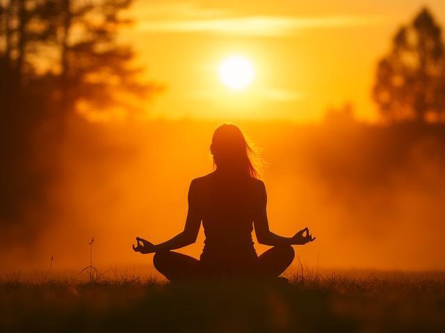 सूर्योदय के समय ध्यान करते व्यक्ति की फोटो, Lens of Tranquility